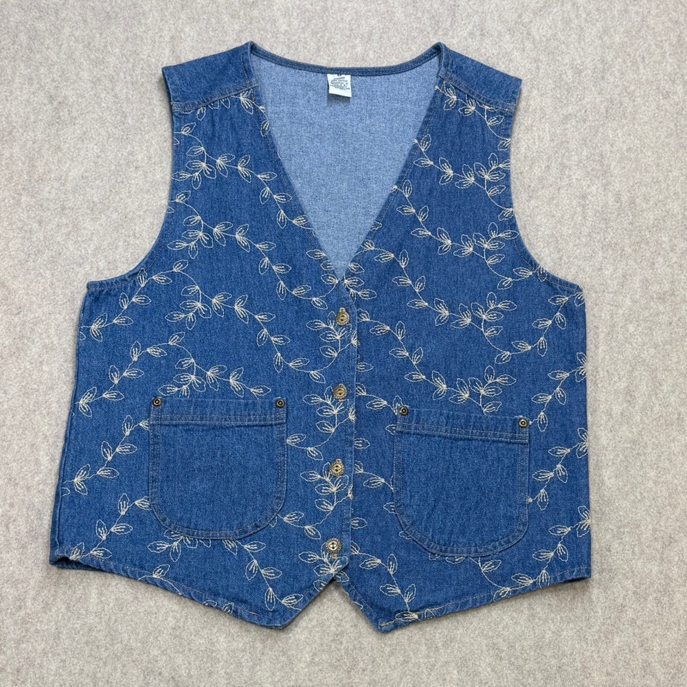 Vintage Cottagecore Embroidered Floral Denim Vest Women Medium Blue Boho Western